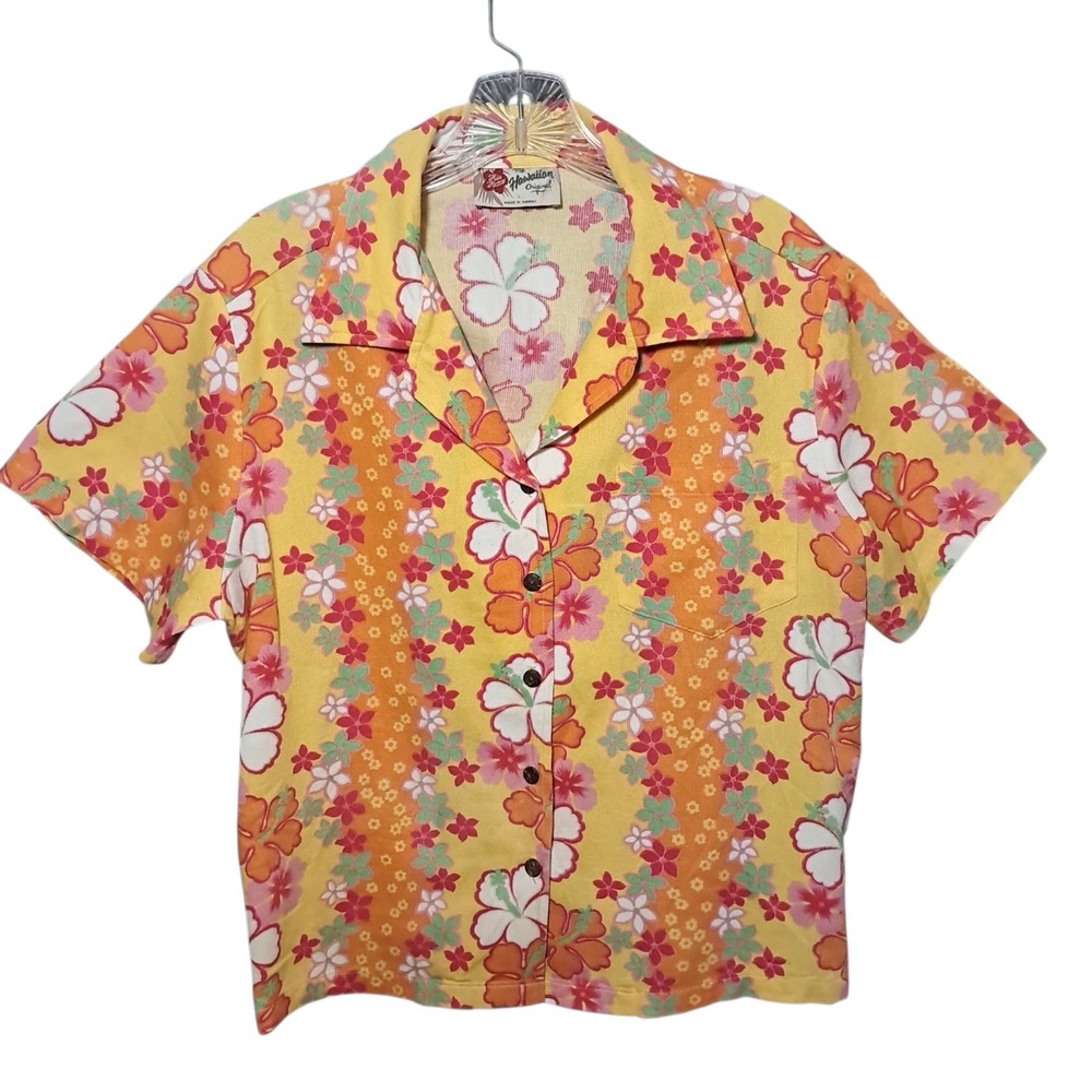 Hilo Hattie Womens Large Hawaiian Shirt Colorful HIbiscus Mod Resort Vacation